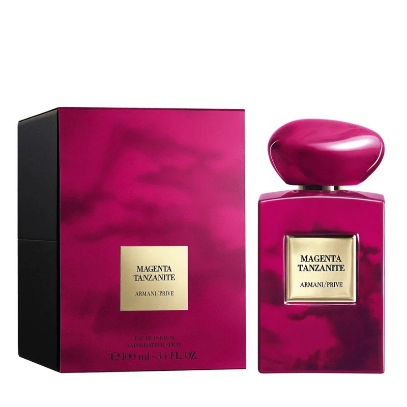 Thiết kế chai Magenta Tanzanite vuông vắn, màu đỏ thắm sang trọng, biểu tượng của dòng Armani Privé